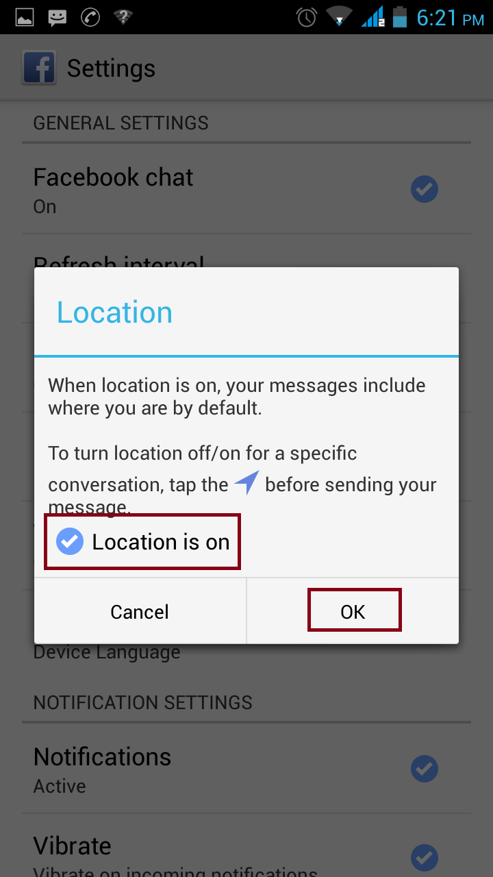 How to disable location in Facebook chat on Android Phone